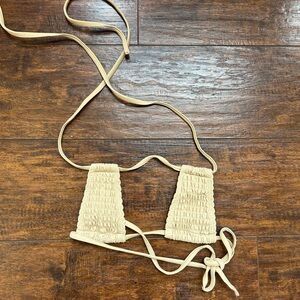 Beige Smocked Triangle Bikini Top